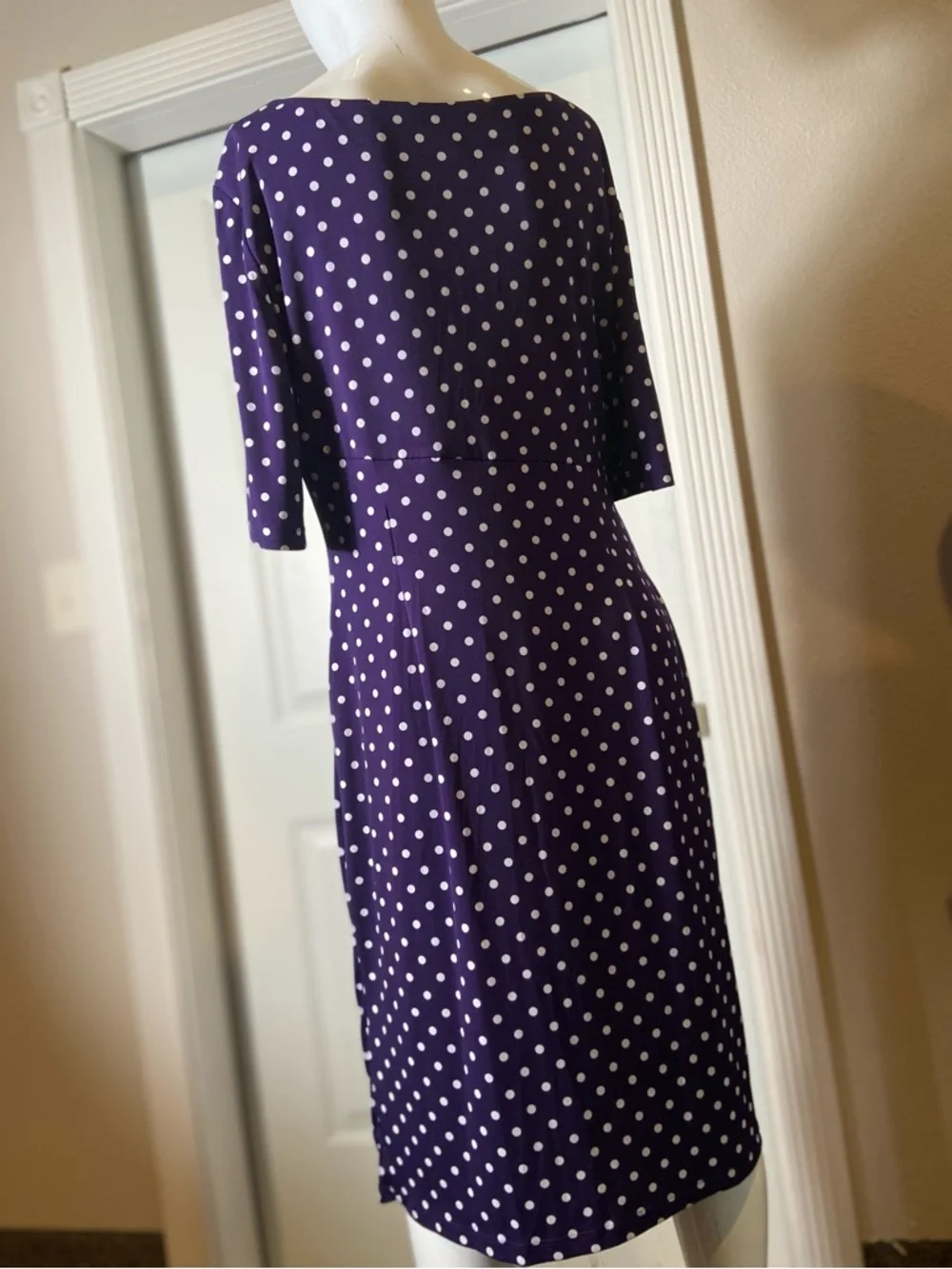 Connected Apparel~Polka Dot~Wrap Dress~Sunburst Side Pleats~1/2 Sleeve~Size 16